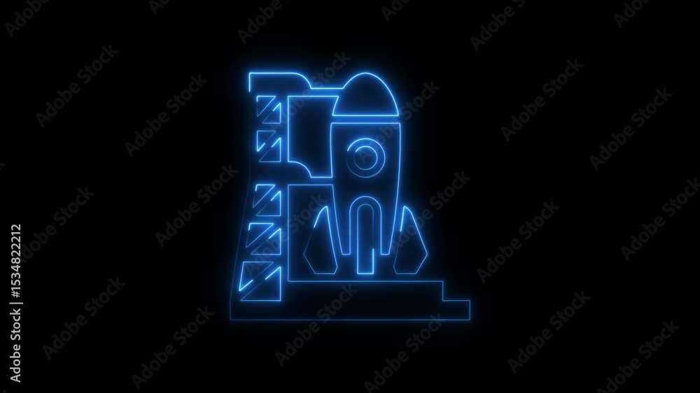 Poster Animated neon rocket and launchpad against a black background for space exploration