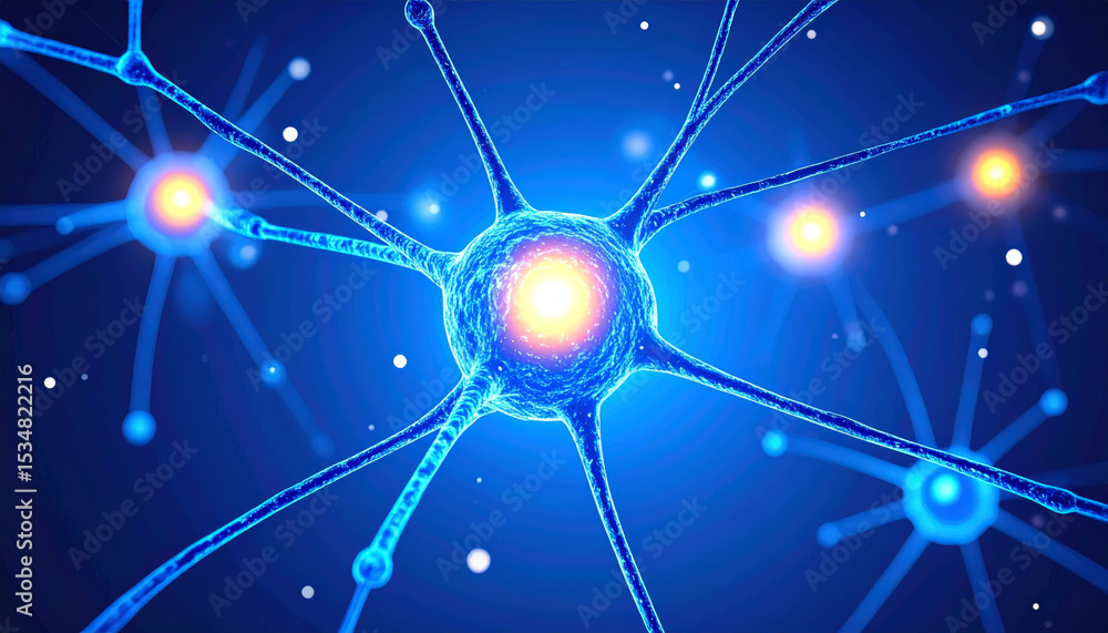Poster glowing neuron cell closeup with nerve node and neural network connections, blue background, scienti