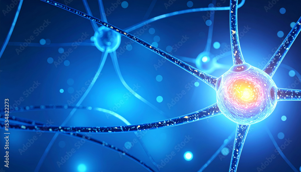Poster neural network closeup glowing neuron blue background nerve cell biological connection science techn