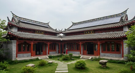 A traditional Chinese temple-style residence with integrated solar panels and minimal stone pathways – balanced and clean