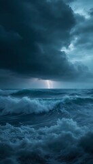 Obraz premium Lightning strikes over the ocean during a powerful thunderstorm