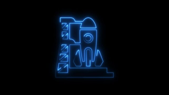 Animated neon rocket and launchpad against a black background for space exploration