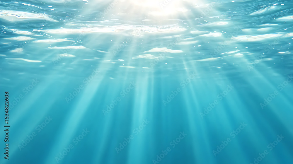 Poster a serene underwater scene showcasing sunlight filtering through the water, creating a tranquil blue 