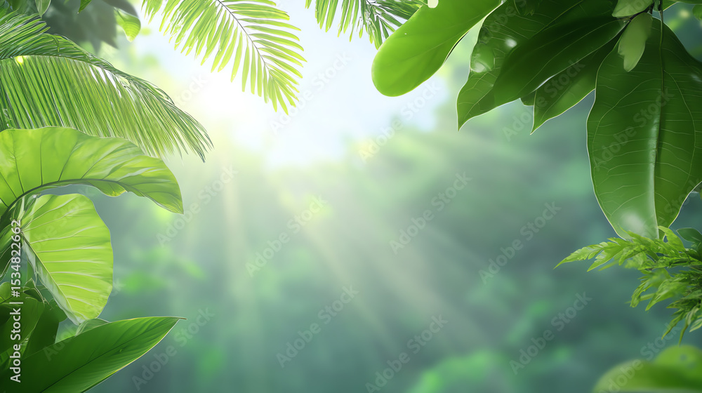 Poster A serene view of lush green leaves illuminated by soft rays of sunlight, creating a tranquil and refreshing atmosphere.
