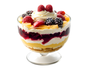 Traditional English trifle dessert with custard cream jelly sponge cake and mixed berries in glass bowl isolated on transparent background