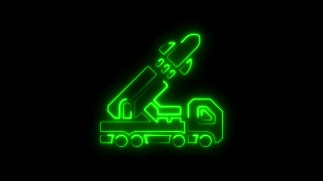Animated neon outline of a rocket launcher vehicle against a black background