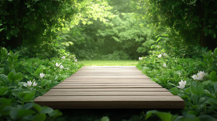 A serene wooden pathway meanders through lush greenery, inviting tranquility and a connection with nature's beauty.
