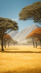 Golden savanna landscape with tall trees
