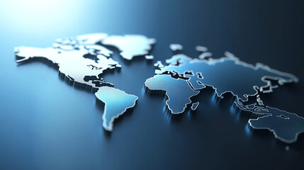 A sleek, metallic representation of the world map on a dark blue background, showcasing global connectivity and modern design.