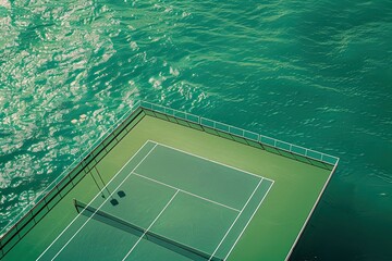 High Detail Image of Green Tennis Court by the Sea on White