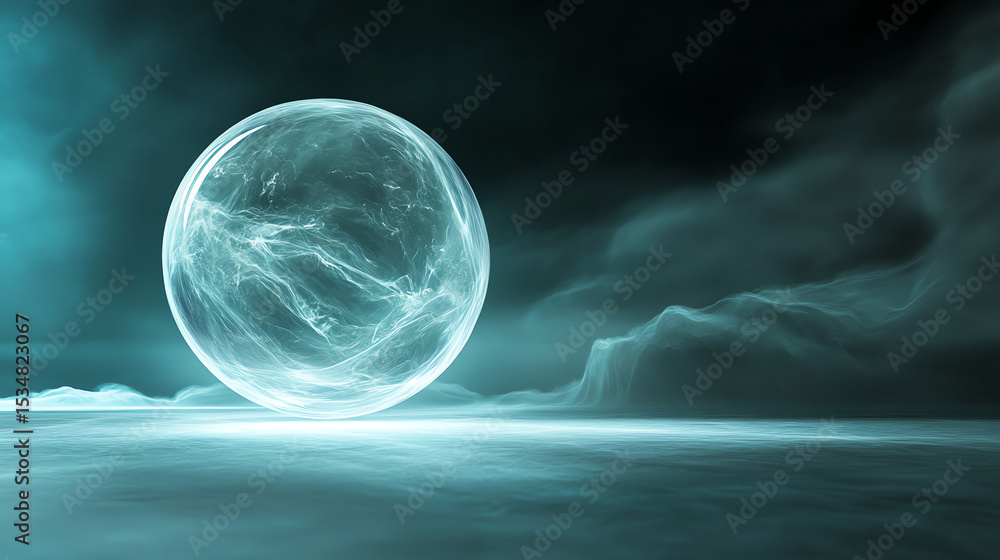 Poster a stunning, ethereal orb floats above a misty landscape, creating an otherworldly atmosphere of myst