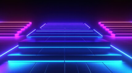 Neon steps with vibrant colors in a dark space.