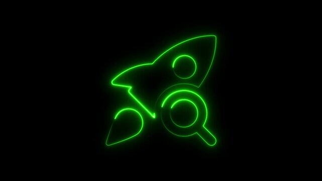 Green neon startup rocket logo with magnifying glass on black background