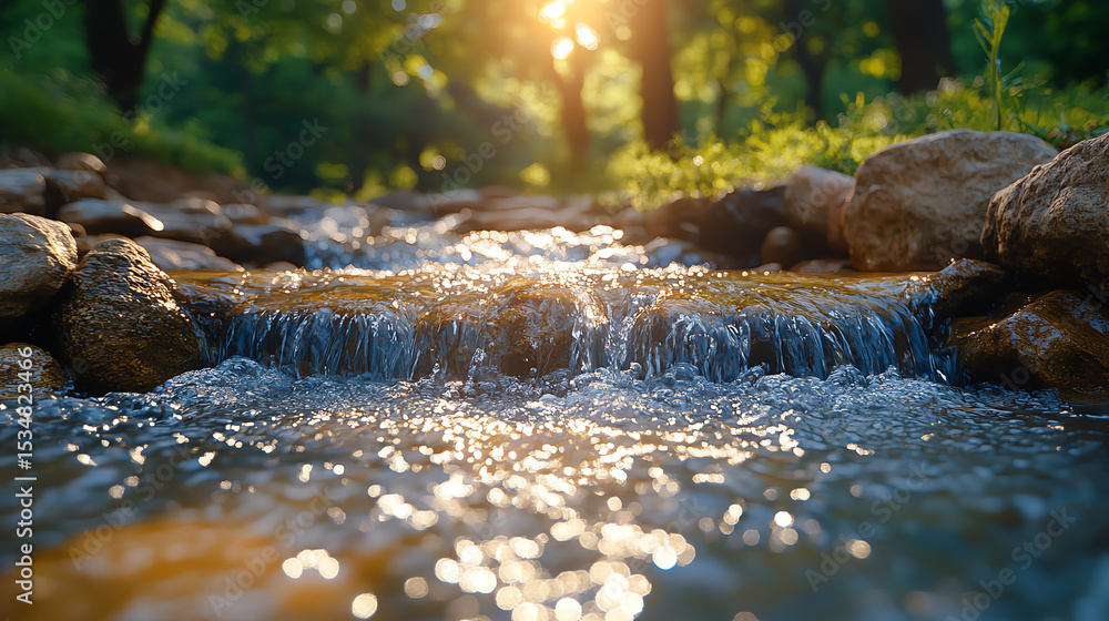Poster a tranquil stream flows gently over rocks, illuminated by golden sunlight, creating a serene natural