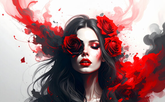 Dark Beauty Woman with Red Roses and Smoke Art