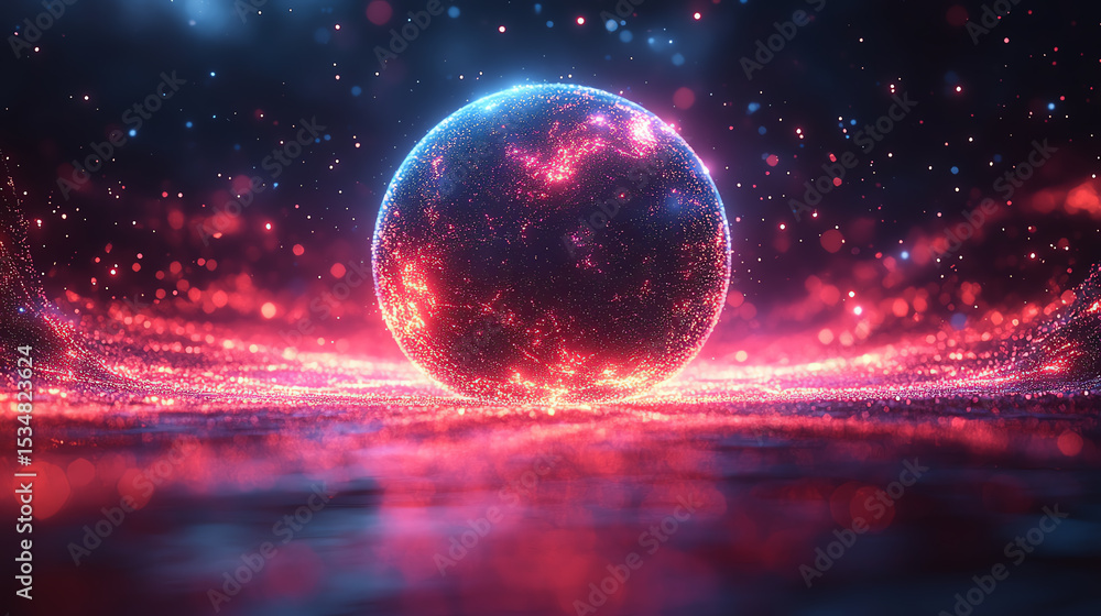 Poster a vibrant cosmic sphere glowing in a sea of colorful energy, creating a futuristic and mesmerizing v