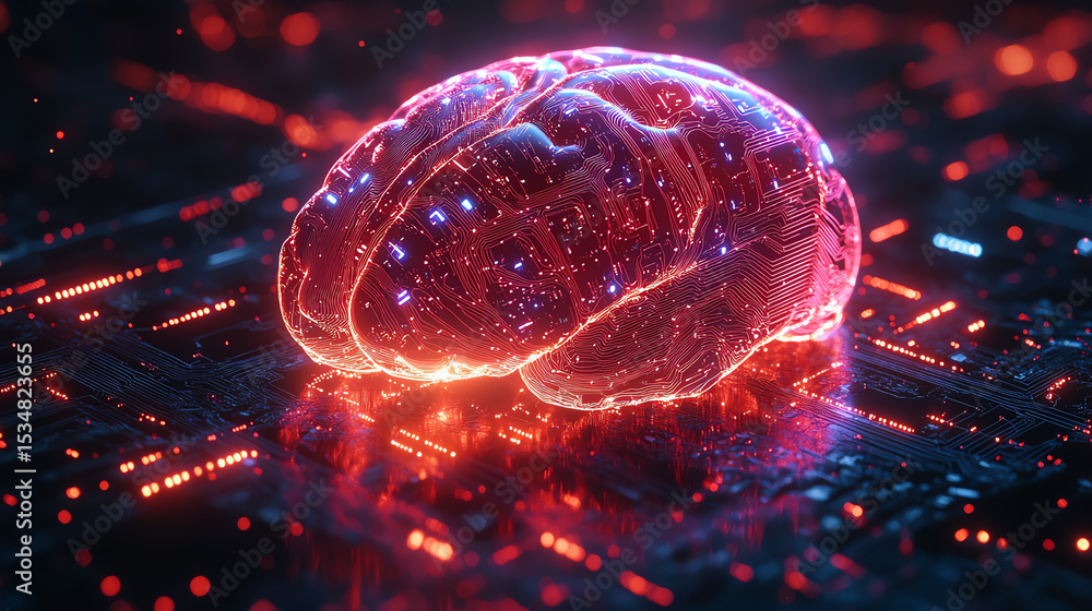 Poster A vibrant digital representation of a brain, symbolizing artificial intelligence and technological advancement.