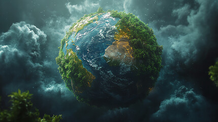 A vibrant depiction of Earth surrounded by lush greenery and swirling clouds, symbolizing the beauty and fragility of our planet.