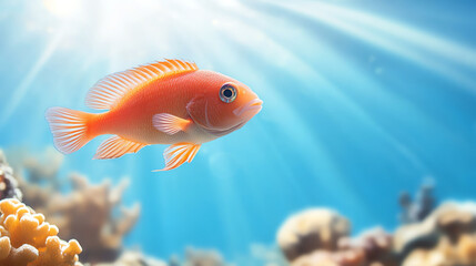 Naklejka premium A vibrant orange fish gracefully swims through clear blue waters, surrounded by colorful coral reefs and sunlit rays.