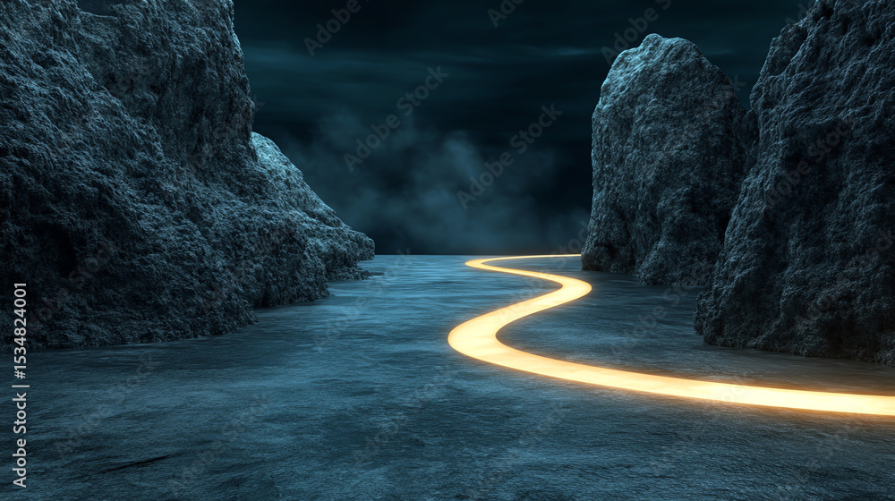 Poster A winding path illuminated by a glowing light, surrounded by dark rocky terrain and cloudy skies, creating an eerie yet captivating scene.