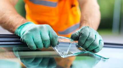 A worker in protective gloves carefully removes a broken windshield from a vehicle, showcasing the process of auto glass repair.