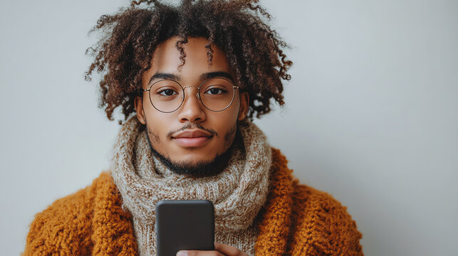 A young man with curly hair and glasses holds a smartphone, wearing a cozy sweater and scarf against a neutral background.