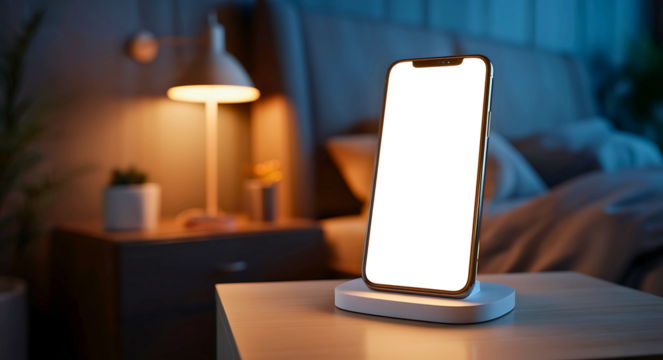 A smart mobile device with a white or transparent screen. Dim lighting and a comfortable environment.