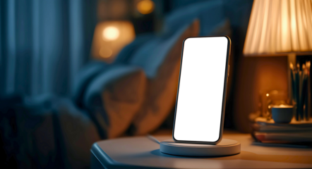 A smart mobile device with a white or transparent screen. Dim lighting and a comfortable environment.