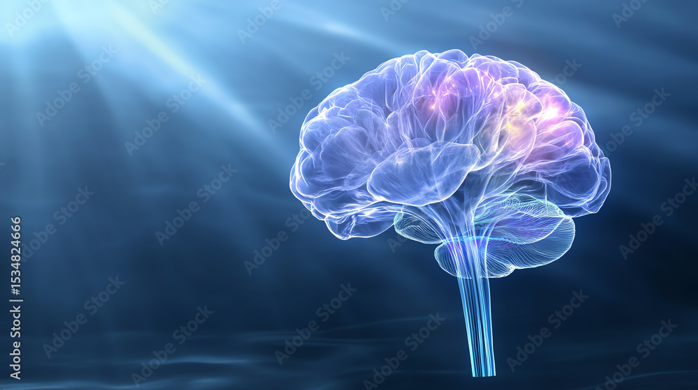 Poster An abstract representation of a brain, merging light and color to symbolize thought and creativity in a serene atmosphere.