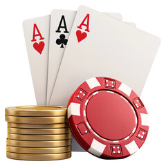 Obraz premium High Stakes Poker Game with Playing Cards and Casino Chips Arrangement, isolated on transparent background.