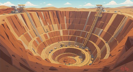 Massive Open Pit Mine with Terraced Earth and Mining Structures in Pixel Art Style Featuring Brown and Beige Layers under a Clear Blue Sky with Scattered Clouds Detailed Illustration