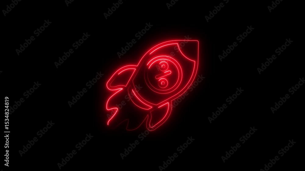 Poster animated red neon rocket with percentage sign on black background loop