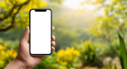 A white or transparent screen smartphone being held outdoors with a blurred nature background. sunny day, vibrant colors.