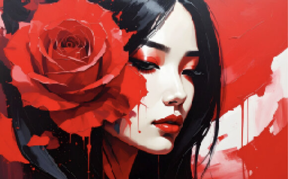 Portrait of a Woman with Red Rose in Artistic Style