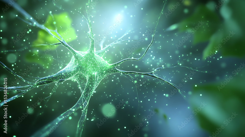 Aufkleber Close-up of a green neuron structure illuminated by soft light, showcasing intricate details and biological beauty in motion.