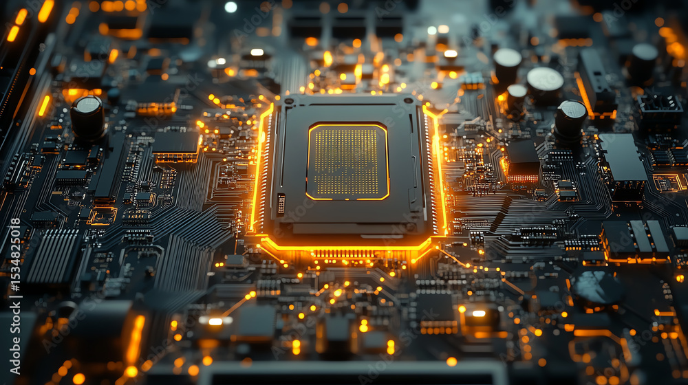 Poster Close-up of a high-tech microprocessor with glowing circuits, representing modern technology and innovation in electronics.