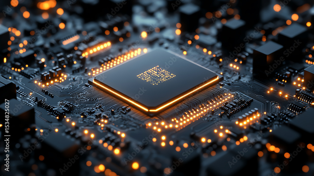 Poster Close-up of a modern microprocessor with bright circuits, showcasing advanced technology and intricate designs.