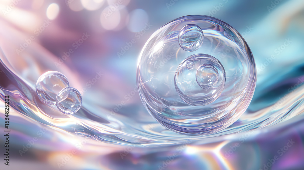 Poster Close-up view of transparent bubbles floating in a colorful watery background, emphasizing science and beauty in nature.