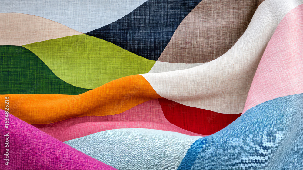 Poster Colorful abstract fabric waves create a vibrant texture, showcasing a blend of various hues and patterns in a serene composition.