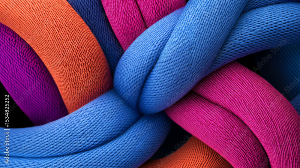 Poster Colorful intertwined ropes create a mesmerizing abstract pattern, ideal for design projects and creative backgrounds.