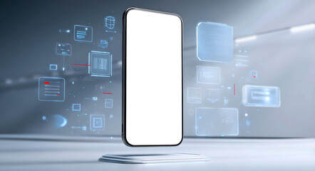 A white or transparent screen smartphone floating above a neutral background with digital elements hovering around it.