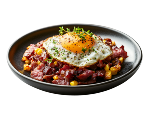 Corned beef hash with diced potatoes onions and sunny side up fried egg garnished with herbs on ceramic plate isolated on transparent background