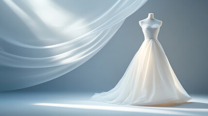 Elegant wedding dress displayed with soft fabric draping in serene lighting, showcasing bridal fashion and beauty.