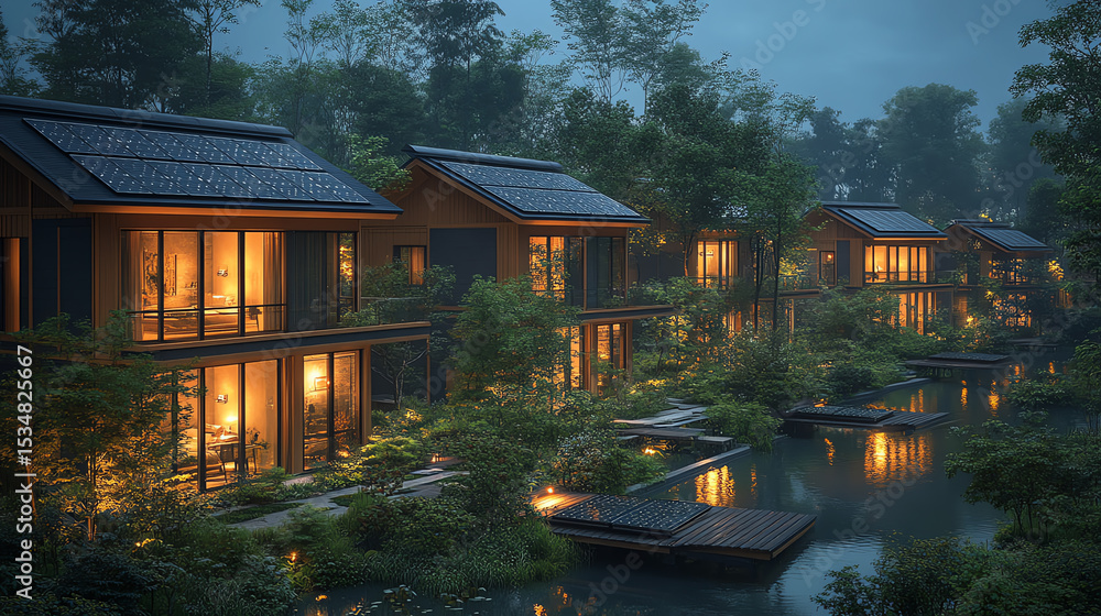 Aufkleber serene nighttime view of modern houses and tranquil waters surrounded by lush greenery, creating a p