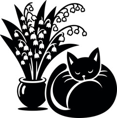 Furry feline nestled next to a charming Lily of the Valley bouquet in a vase
