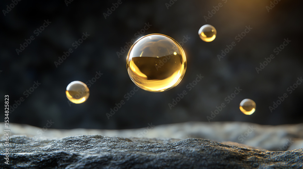 Poster three golden droplets hover gracefully above a textured rock surface, showcasing the beauty of liqui