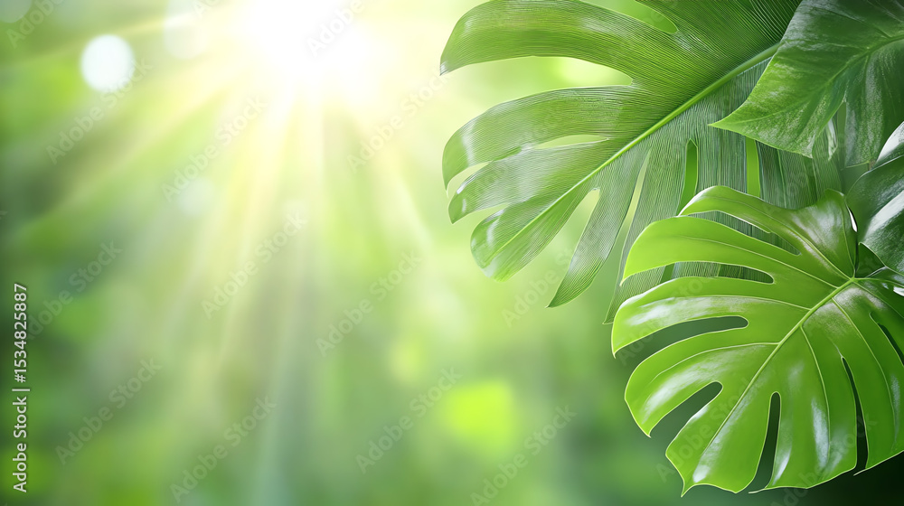 Poster vibrant green leaves basking in sunlight, creating a serene and refreshing atmosphere in a lush envi