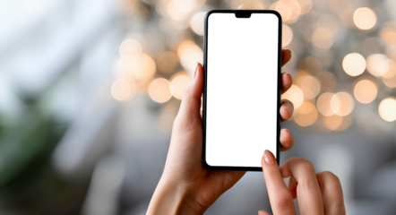 A white or transparent screen smartphone held in both hands, user tapping the screen. shallow depth of field with soft background.