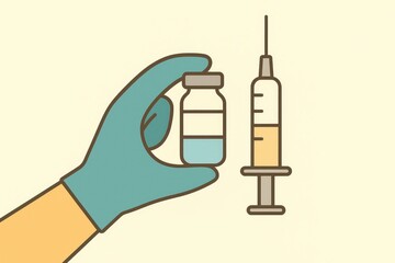 Hand with Gloved Finger Holding Vaccine Vial and Syringe Illustration