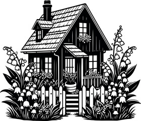 Serene cottage garden filled with delicate Lily of the Valley near a white fence